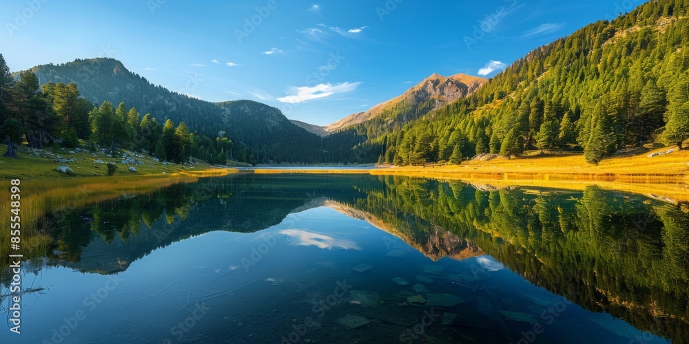 Fototapeta premium A serene mountain lake reflecting the surrounding pine-covered hills and a clear blue sky