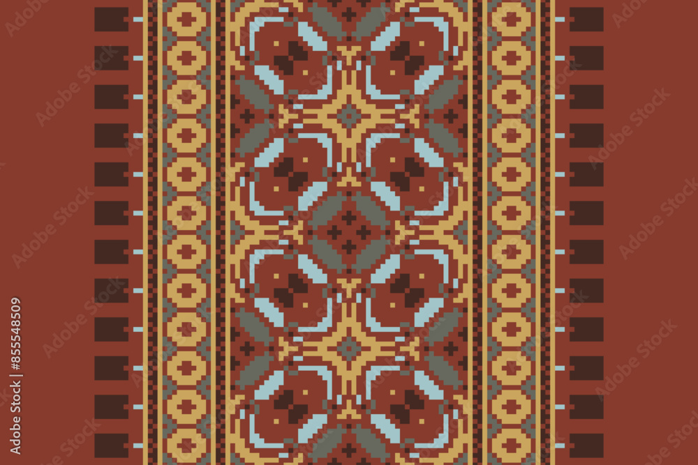 Ethnic pixel geometric seamless pattern with paisley on beige background. Native oriental cross stitch knitting design for fabric, decoration, wallpaper, border decor, element, texture, textile, print