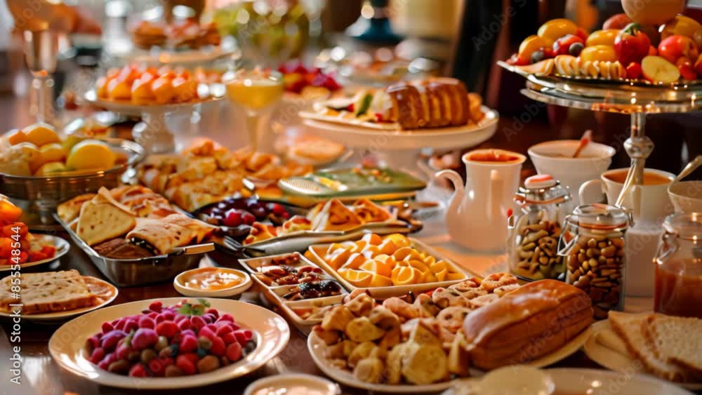 Various breakfast foods laid out on a lavish hotel table, including pastries, fruits, eggs, and cereals, Breakfast foods spread out on a luxurious hotel dining table