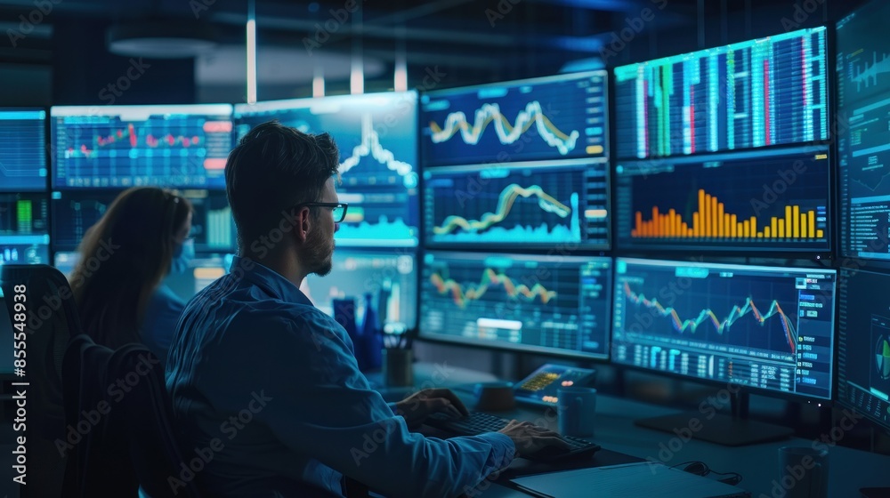 A professional setting with a group of businesspeople analyzing stock market trends on multiple monitors, emphasizing teamwork in financial decision-making. The background includes charts, graphs, A professional setting with a group of businesspeople analyzing stock market trends on multiple monitors, emphasizing teamwork in financial decision-making. The background includes charts, graphs,