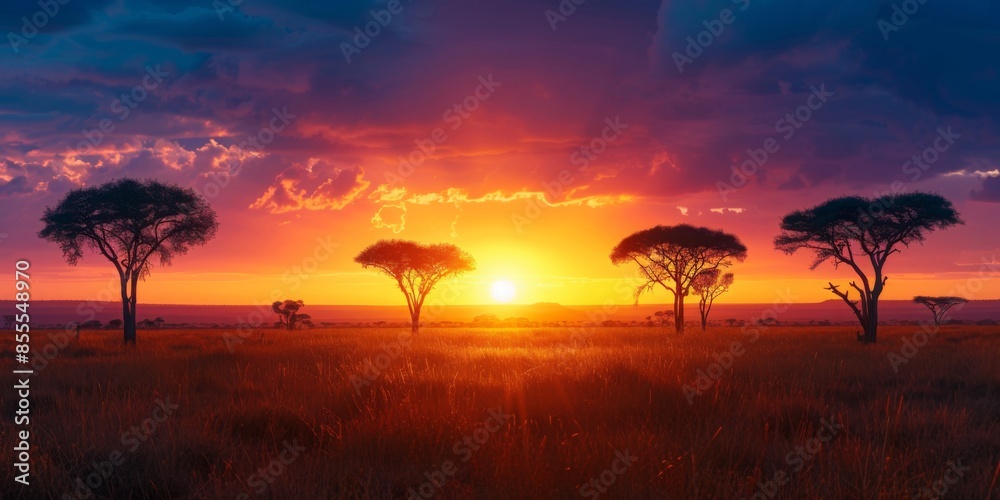 A vast savannah with acacia trees silhouetted against a dramatic sunset A vast savannah with acacia trees silhouetted against a dramatic sunset