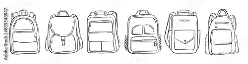 Schoolbags. Education and study back to school, school backpacks. Set in doodle style of different school backpacks and schoolbags. Flat vector illustration