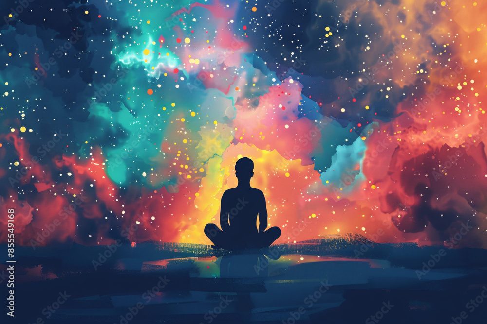 Illustration of states of mind with colorful space background and human silhouette, conveying a surreal mood and the concept of meditation or 4th dimension Illustration of states of mind with colorful space background and human silhouette, conveying a surreal mood and the concept of meditation or 4th dimension