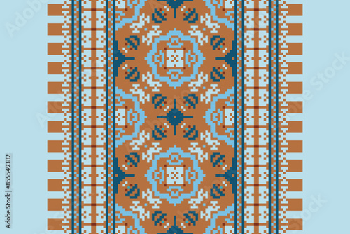 Ethnic pixel geometric seamless pattern with paisley on beige background. Native oriental cross stitch knitting design for fabric, decoration, wallpaper, border decor, element, texture, textile, print