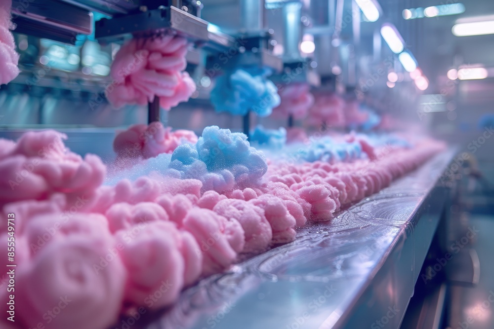 A close-up of a cotton candy machine, with fluffy pink and blue cotton candy being spun. A close-up of a cotton candy machine, with fluffy pink and blue cotton candy being spun.