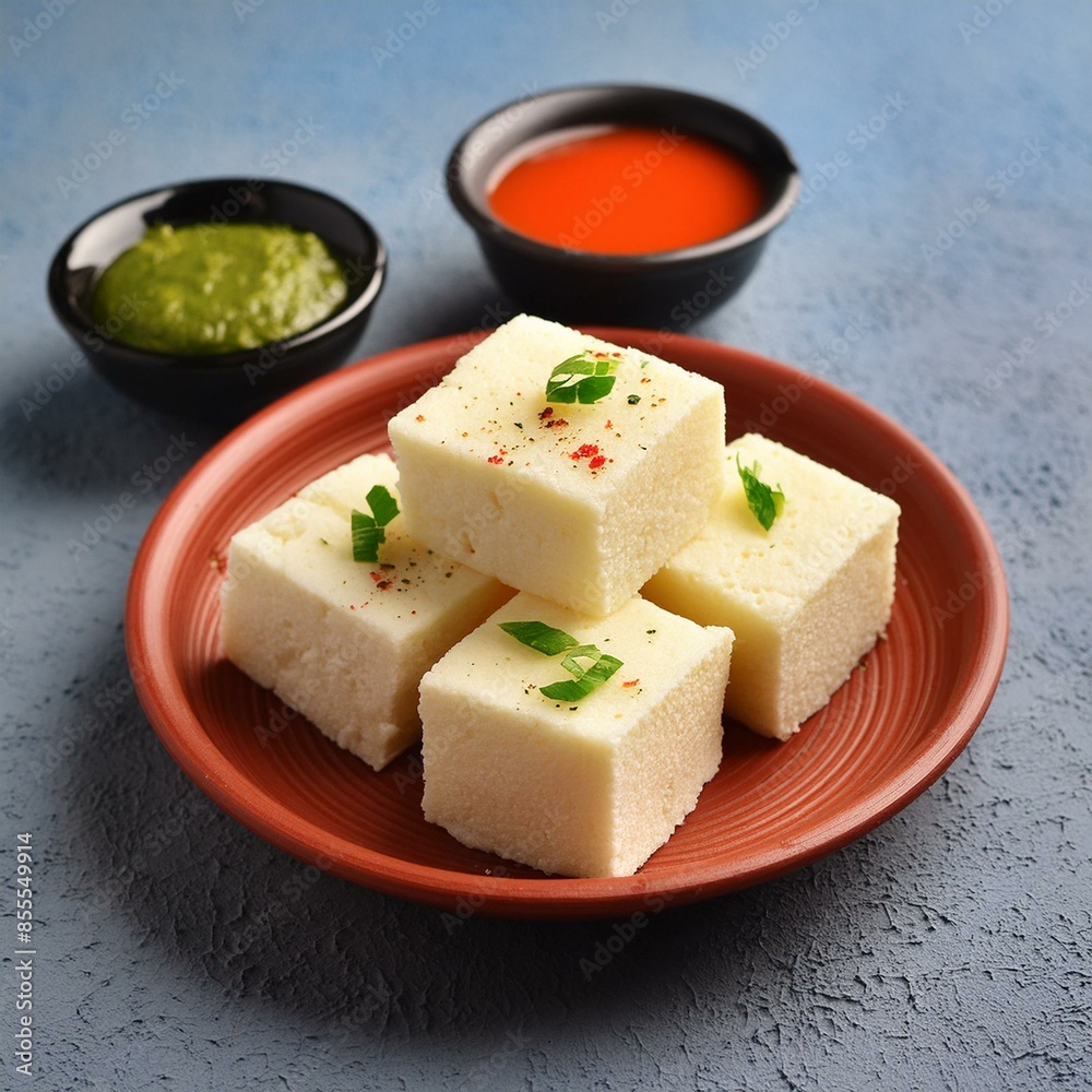 Indian food white khaman dhokla with chutney Indian food white khaman dhokla with chutney