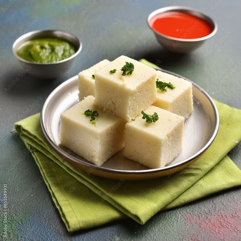 Indian food white khaman dhokla with chutney Indian food white khaman dhokla with chutney