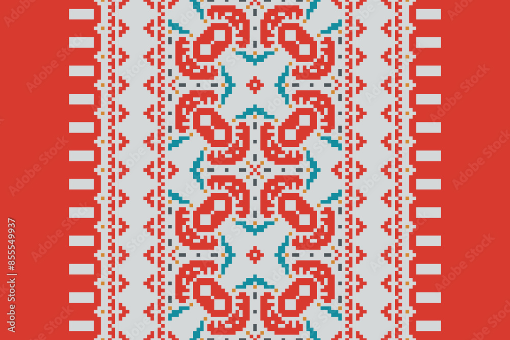 Ethnic pixel geometric seamless pattern with paisley on beige background. Native oriental cross stitch knitting design for fabric, decoration, wallpaper, border decor, element, texture, textile, print Ethnic pixel geometric seamless pattern with paisley on beige background. Native oriental cross stitch knitting design for fabric, decoration, wallpaper, border decor, element, texture, textile, print