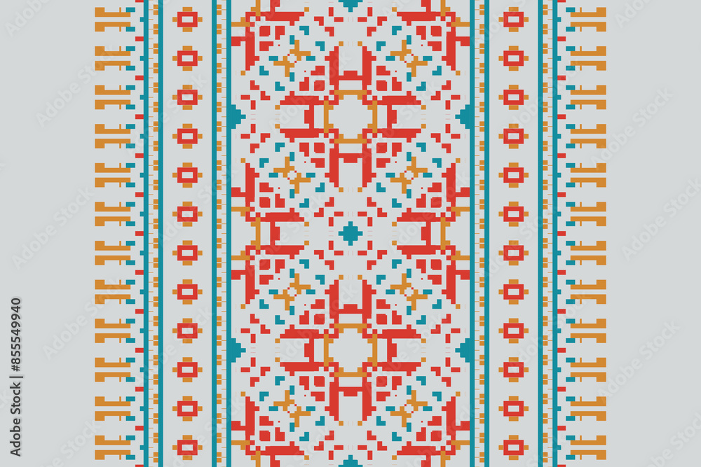 Ethnic pixel geometric seamless pattern with paisley on beige background. Native oriental cross stitch knitting design for fabric, decoration, wallpaper, border decor, element, texture, textile, print Ethnic pixel geometric seamless pattern with paisley on beige background. Native oriental cross stitch knitting design for fabric, decoration, wallpaper, border decor, element, texture, textile, print