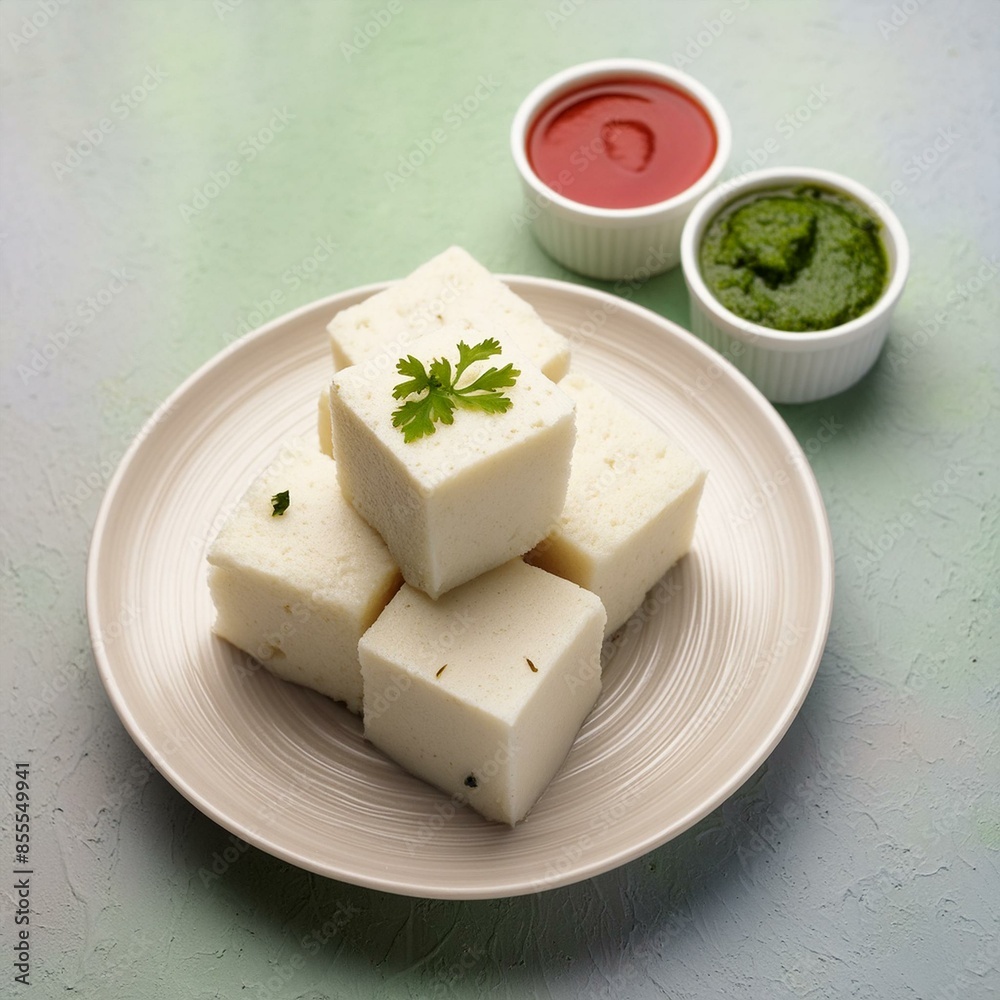Indian food white khaman dhokla with chutney Indian food white khaman dhokla with chutney
