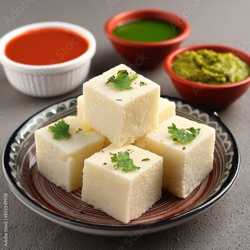 Indian food white khaman dhokla with chutney  photo