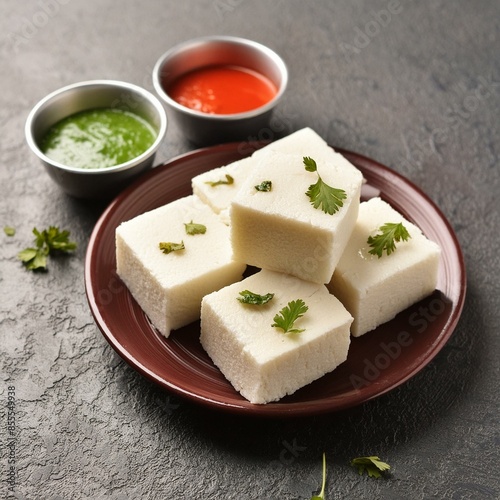 Indian food white khaman dhokla with chutney  photo