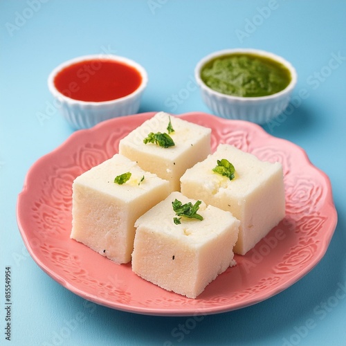 Indian food white khaman dhokla with chutney  photo