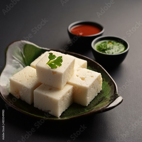 Indian food white khaman dhokla with chutney  photo