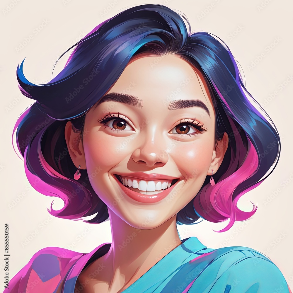 Obraz premium a close up of a woman with blue hair and a pink shirt