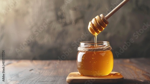 Wooden honey dipper and glass jar with honey