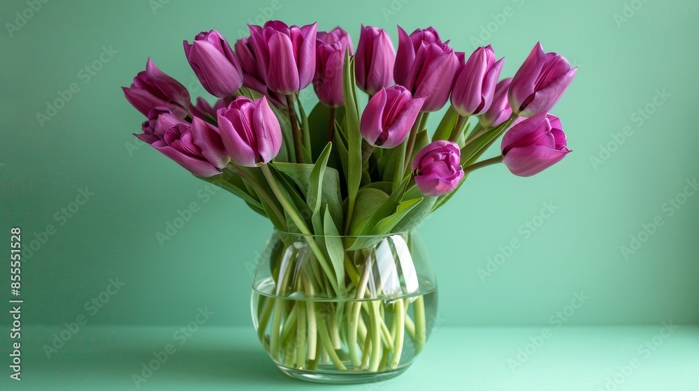 Vibrant Purple Tulips in a Stylish Vase Against Mint Green Background with Studio Lighting Vibrant Purple Tulips in a Stylish Vase Against Mint Green Background with Studio Lighting