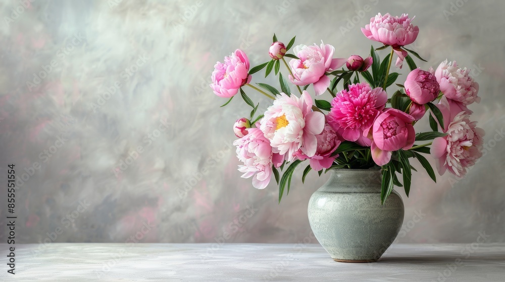 Elegant Pink Peonies in Vase on Light Grey Background with Studio Lighting Elegant Pink Peonies in Vase on Light Grey Background with Studio Lighting