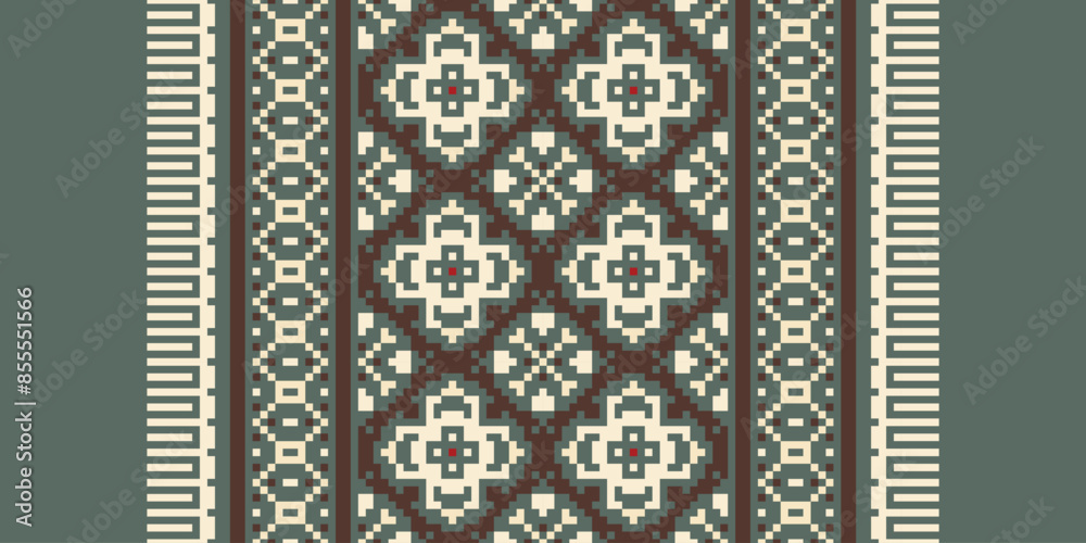 Ethnic pixel geometric seamless pattern with paisley on beige background. Native oriental cross stitch knitting design for fabric, decoration, wallpaper, border decor, element, texture, textile, print Ethnic pixel geometric seamless pattern with paisley on beige background. Native oriental cross stitch knitting design for fabric, decoration, wallpaper, border decor, element, texture, textile, print