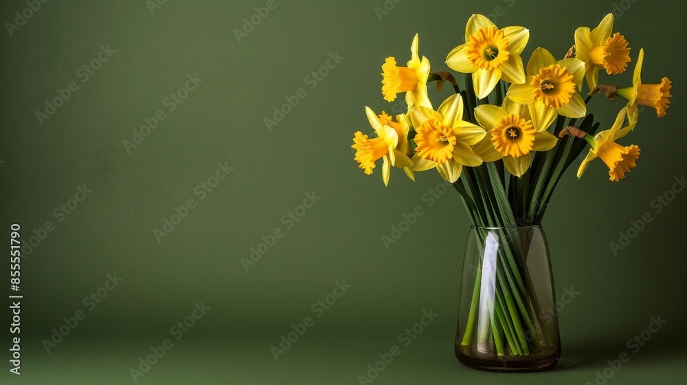 Vibrant Yellow Daffodils Blooming in Vase Against Forest Green Background with Studio Lighting. Vibrant Yellow Daffodils Blooming in Vase Against Forest Green Background with Studio Lighting.