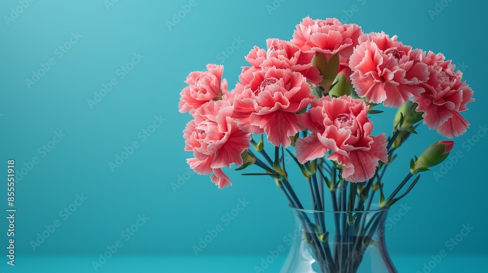 Vibrant Pink Carnations Blooming in a Vase on Sky Blue Background with Studio Lighting