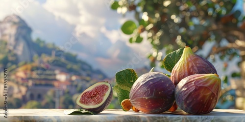 Fig, sweet and chewy, on a luxurious 3D podium focus on, ancient delicacy, ethereal, manipulation, Mediterranean backdrop