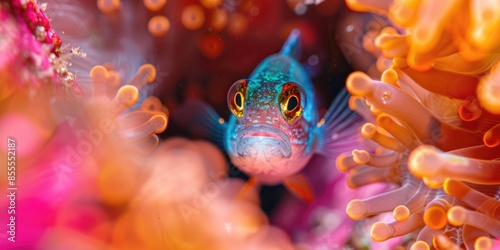 Goby fish, small and colorful, peeking out from a coral hideout close up, curious observer, vibrant, double exposure, coral crevice backdrop photo