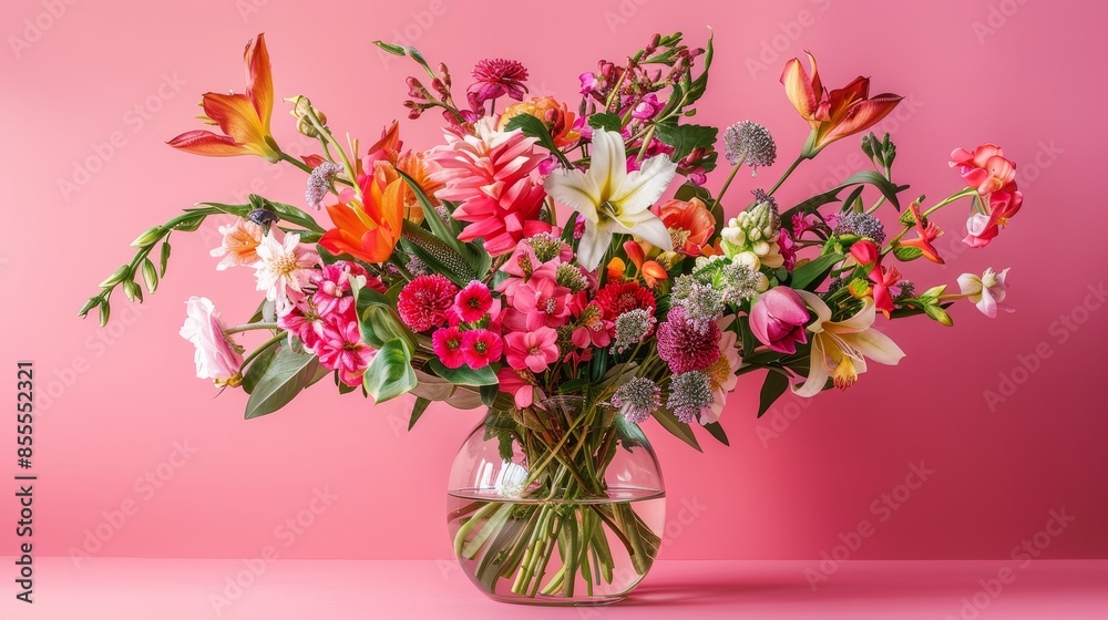 Vibrant Vase of Exotic Flowers Blooming on a Hot Pink Backdrop in Studio Light Vibrant Vase of Exotic Flowers Blooming on a Hot Pink Backdrop in Studio Light