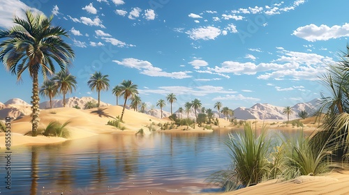Desert oasis with palm trees, cool waters, and stunning dunes. photo