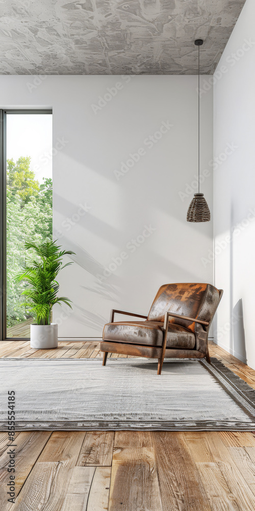 Fototapeta premium Living room interiors in neutral colors with light coming from a big window, minimal furniture and no people. Residential interiors decor composition for Real Estate.
