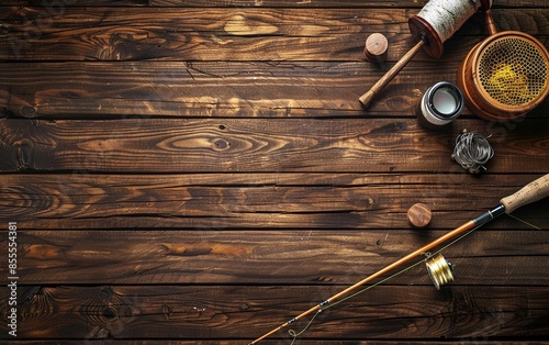 Fising Rod with cap and wooden background photo