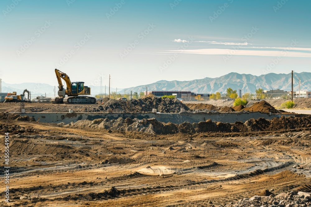 Construction site with excavator and mountains Construction site with excavator and mountains