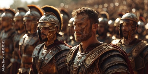 Roman legionaries with armor on, are standing together, Ready to fight. cinematic stills, selective focus. group of armed knights.