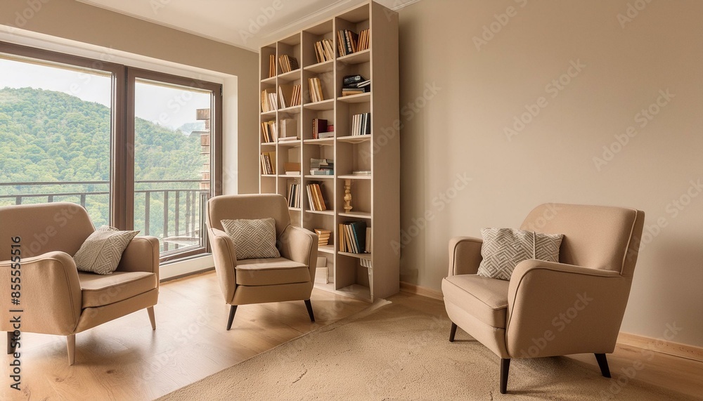 Banner above armchairs and niche bookshelf in light beige living room corner Banner above armchairs and niche bookshelf in light beige living room corner