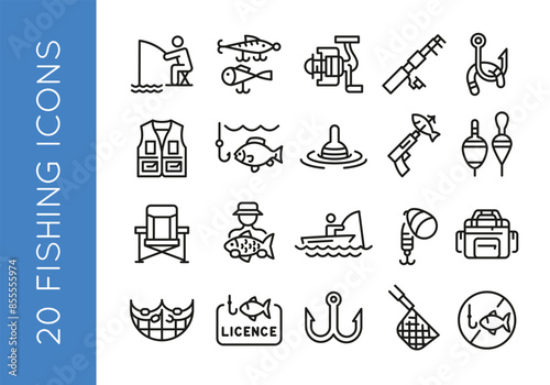 Fishing Icons. Set of 20 fishing trendy minimal icons. Fisherman, fishing rod, fishing reel, fish and tackle box icon. Design signs for web page, mobile app, packaging design. Vector illustration.