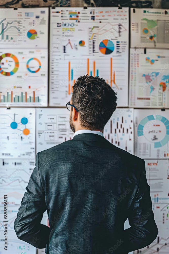 A businessman viewed from behind, drawing analytical graphs on a wall A businessman viewed from behind, drawing analytical graphs on a wall