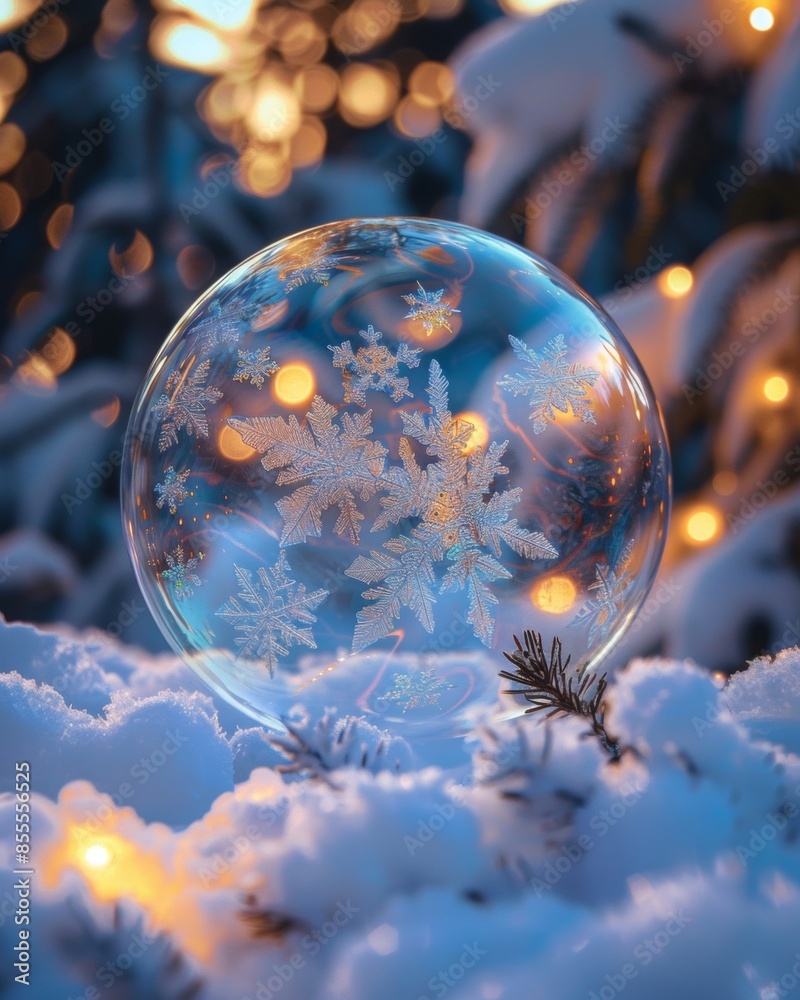 A delicate bubble drifts through a serene winter landscape, surrounded by gently falling snowflakes A delicate bubble drifts through a serene winter landscape, surrounded by gently falling snowflakes
