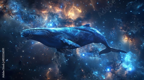 Cosmic whale swimming in starry space © Papukos