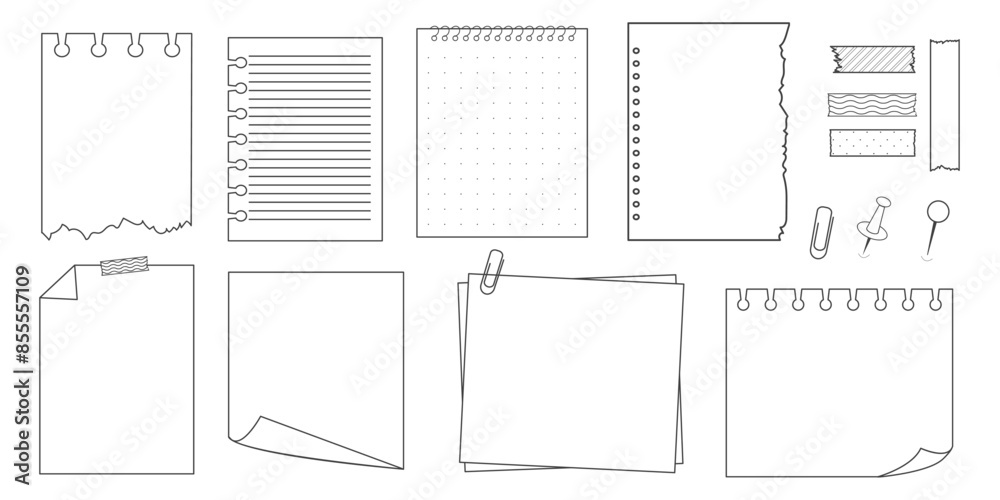 Memo sticky note reminder sheet paper. Doodle paper frame, check list with pin, tape, paperclip elements. Set cute notes, office or school messages.