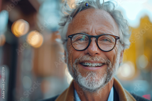 Smiling elderly man with braces and glasses in city photo