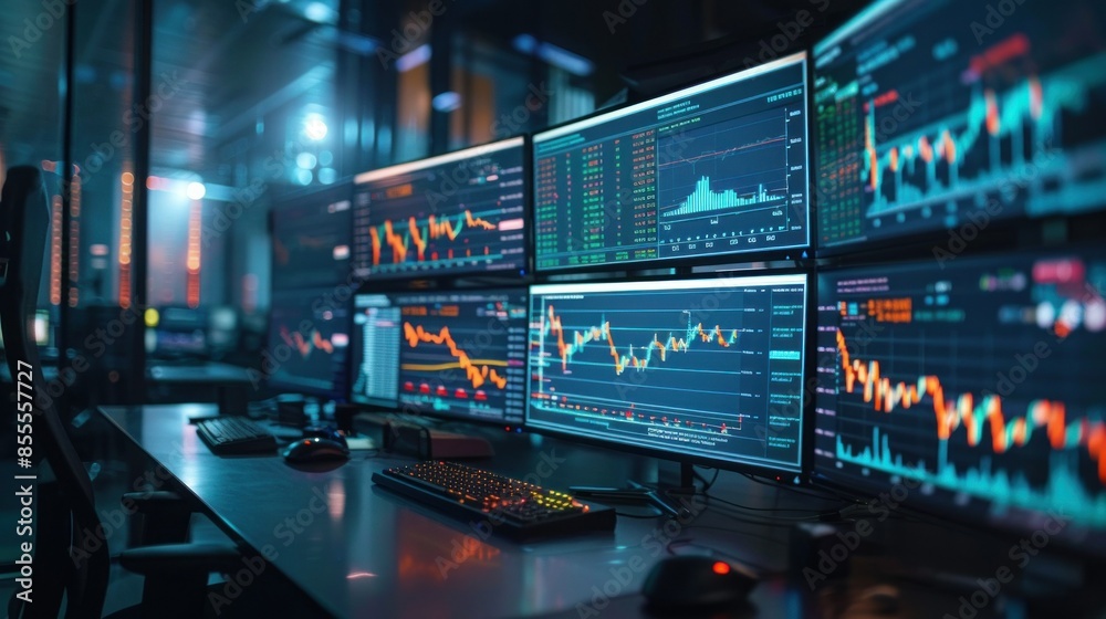 A high-angle view of a modern trading floor, with financial charts and stock market data displayed on multiple monitors. The scene emphasizes the fast-paced and data-driven nature of financial A high-angle view of a modern trading floor, with financial charts and stock market data displayed on multiple monitors. The scene emphasizes the fast-paced and data-driven nature of financial