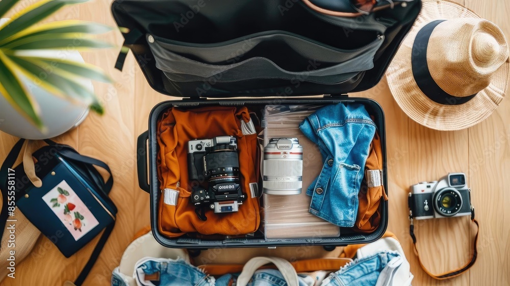 Packed suitcase with travel essentials: camera, hat, and clothing, ready for an adventure. Ideal for travel, vacation, and adventure themes. Packed suitcase with travel essentials: camera, hat, and clothing, ready for an adventure. Ideal for travel, vacation, and adventure themes.