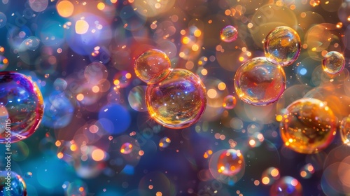 Colorful bubbles reflecting the vibrant atmosphere of a New Year's celebration, creating a festive and dynamic image