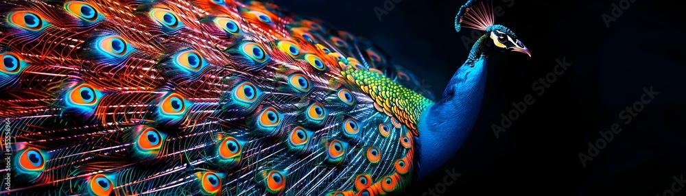 Obraz premium Neon Peacock with Elaborate Patterns and Vivid Hues on Black Background