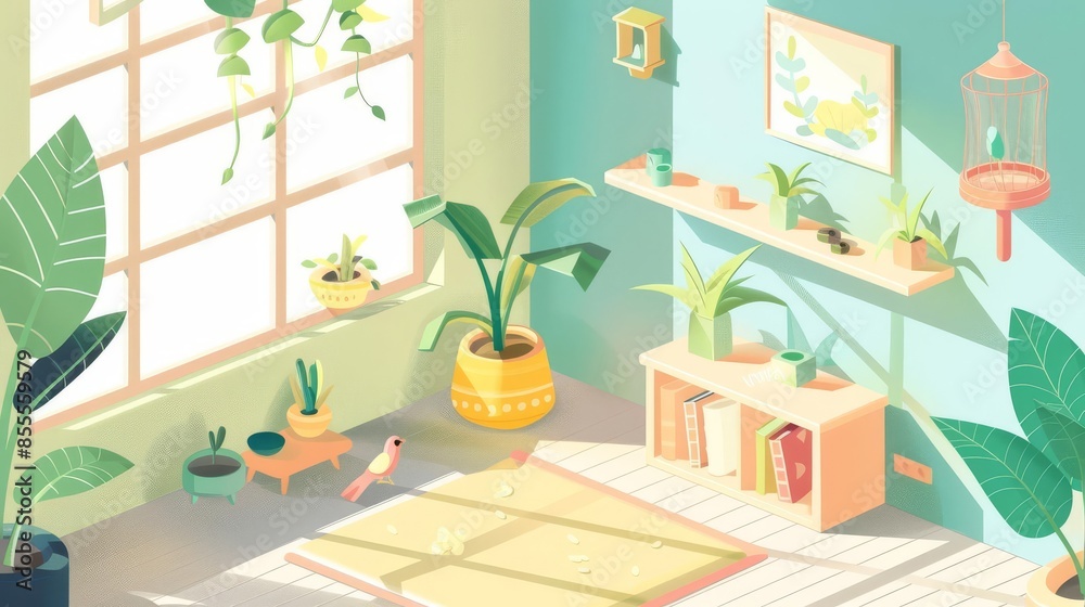 A cozy room with plants and sunlight streaming through the window. A cozy room with plants and sunlight streaming through the window.