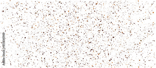 Coffee or chocolate powder, flying dust particles. Seamless white paper texture with brown dust particles. Cardboard paper gritty texture. Crushed granules of sand or brown sugar. Vector illustration