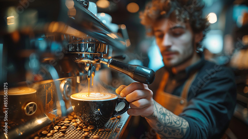Make variants of this image of a barista making latte art in a bustling coffee shop