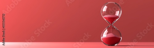 An hourglass with red sand flowing through its bulbs sits against a red backdrop, symbolizing the passage of time