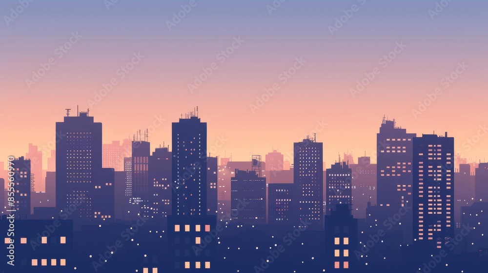 Silhouette of city skyline at dusk with starry night sky. Silhouette of city skyline at dusk with starry night sky.
