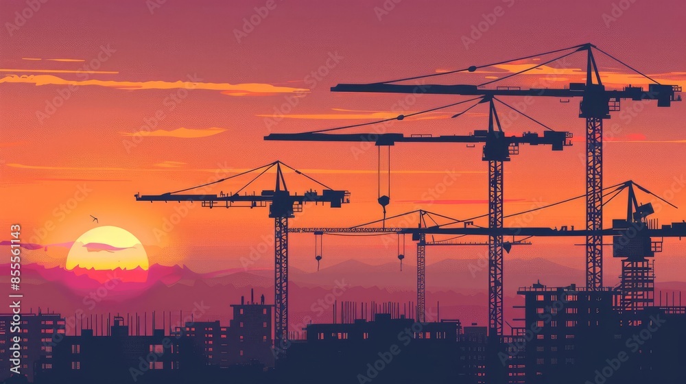 Silhouettes of construction cranes against a vibrant sunset sky. Silhouettes of construction cranes against a vibrant sunset sky.